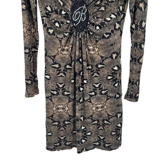 Vintage 90s Bluemarine Bodycon Dress M Brown Plunging V Logo Ruched Snake Italy - Picture 5 of 10